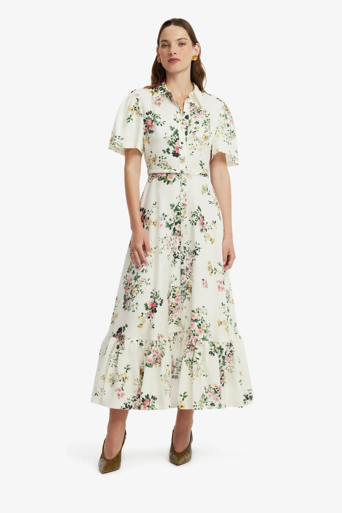 Leo Lin Becca Short Sleeve Midi Dress - Posy Print in Snow