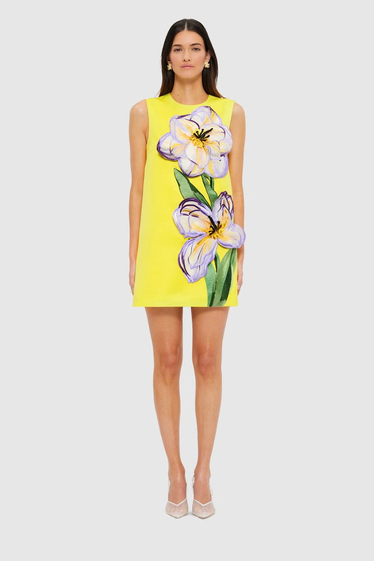 Leo Lin Yvonne Appliqué Floral Mini Dress - Iris Print in Yellow