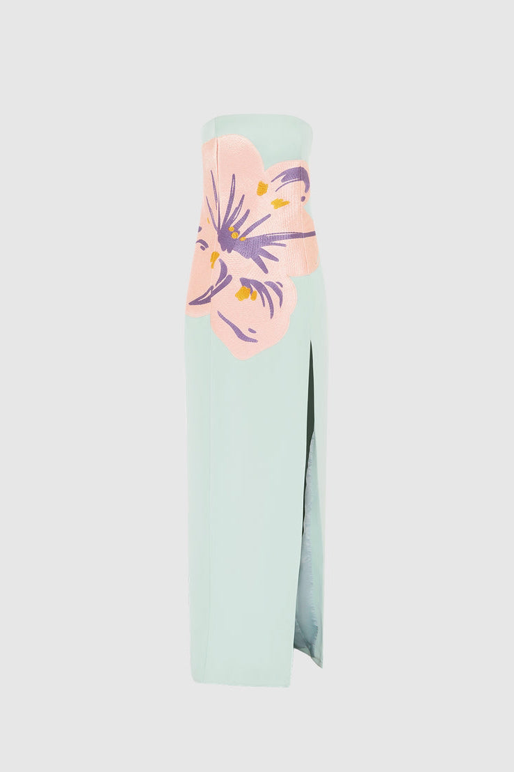 Leo Lin Clémence Embroidered Split Maxi Dress - Hibiscus in Pistachio
