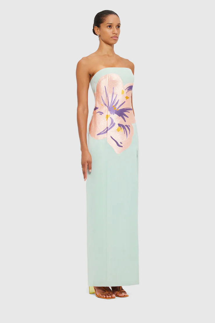 Leo Lin Clémence Embroidered Split Maxi Dress - Hibiscus in Pistachio