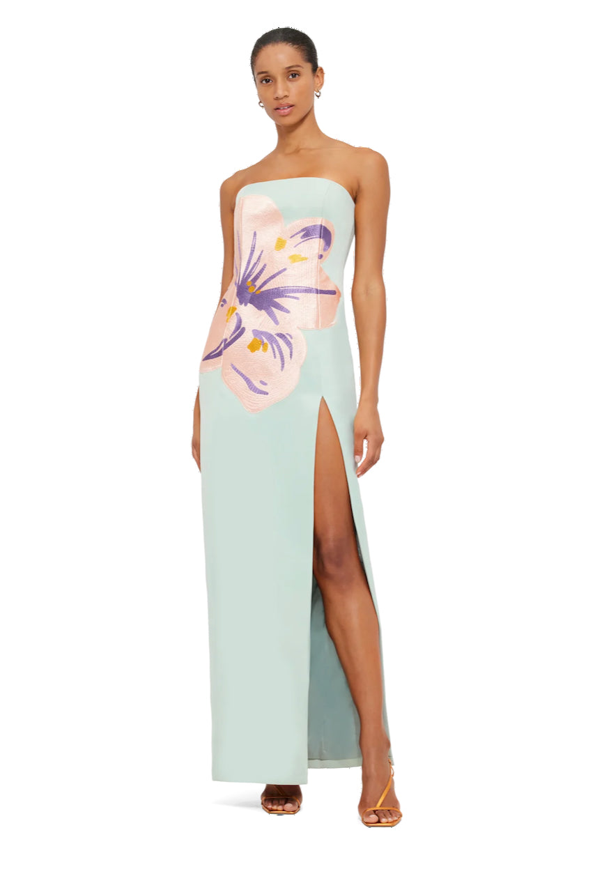 Leo Lin Clémence Embroidered Split Maxi Dress Hibiscus in Pistachio