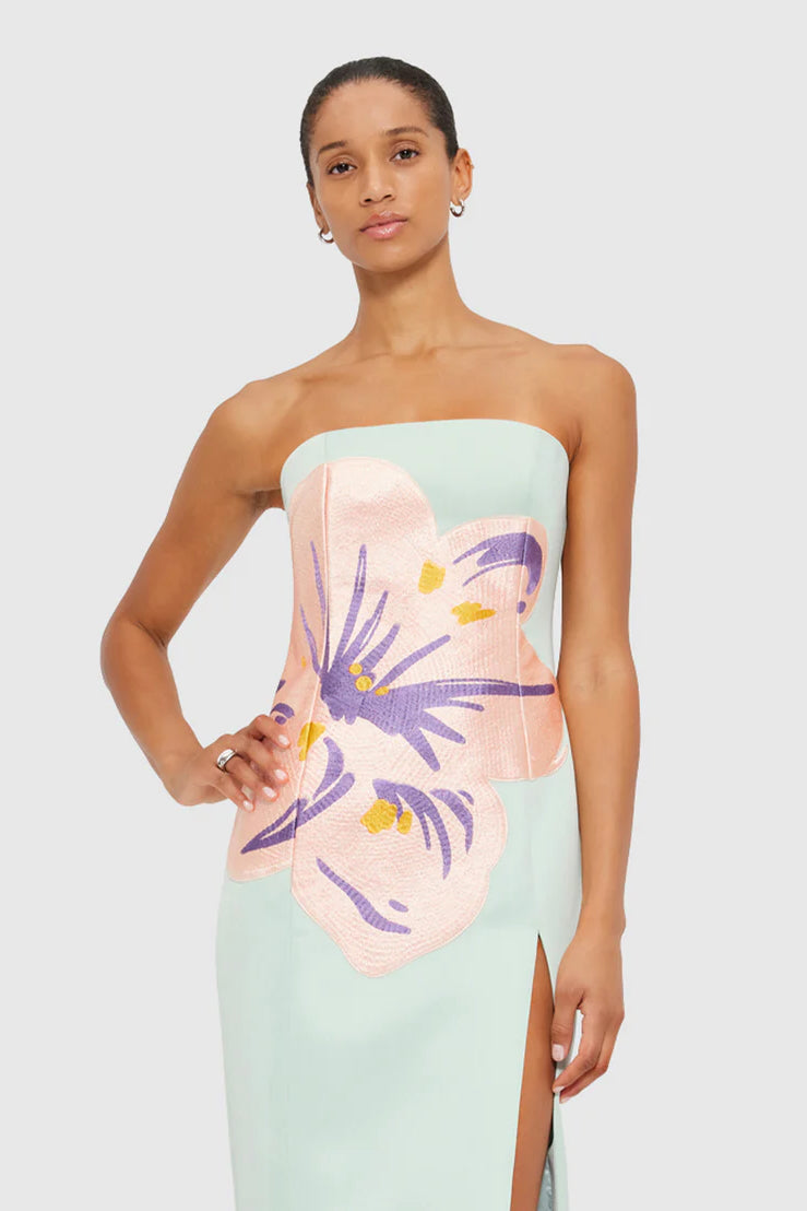 Leo Lin Clémence Embroidered Split Maxi Dress - Hibiscus in Pistachio