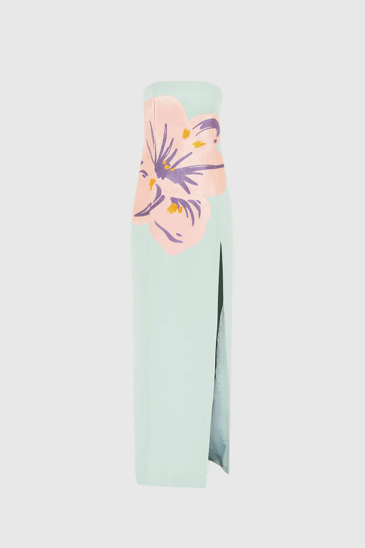 Leo Lin Clémence Embroidered Split Maxi Dress - Hibiscus in Pistachio