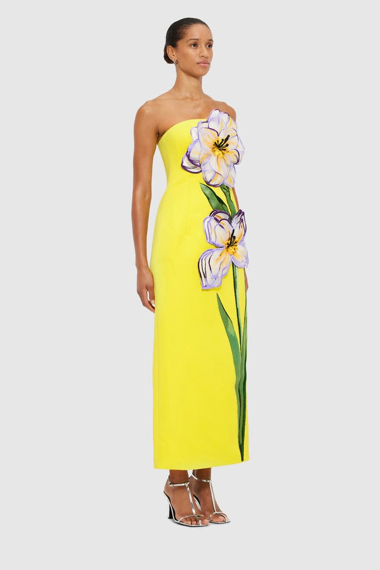 Leo Lin Rayna Appliqu Floral Maxi Dress - Iris Print in Yellow - Dress Hire AU Leo Lin Rayna Appliqu Floral Maxi Dress - Iris Print in Yellow - Dress Hire AU