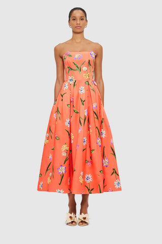 Leo Lin Lynn Bustier Midi Dress - Wild Flower in Coral