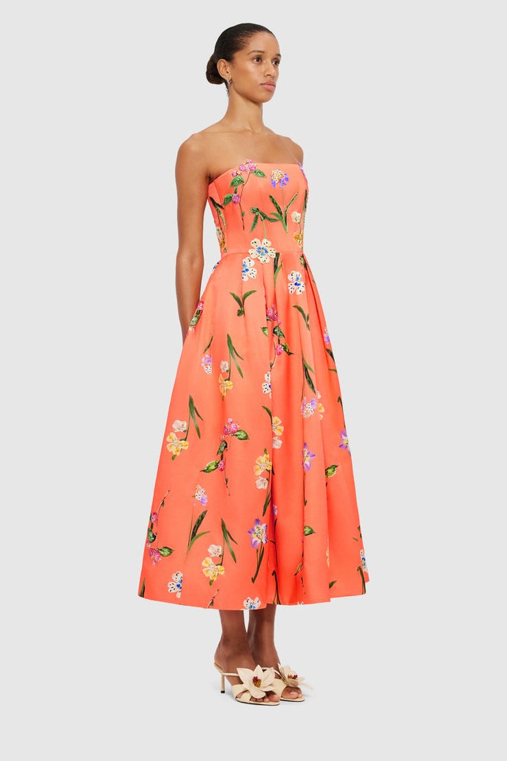Leo Lin Lynn Bustier Midi Dress - Wild Flower in Coral