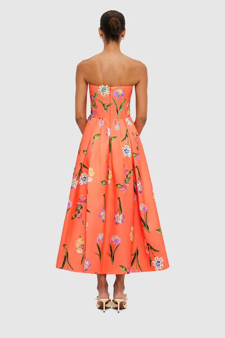 Leo Lin Lynn Bustier Midi Dress - Wild Flower in Coral