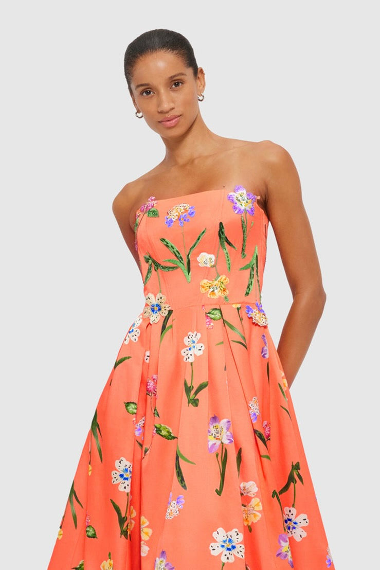 Leo Lin Lynn Bustier Midi Dress - Wild Flower in Coral