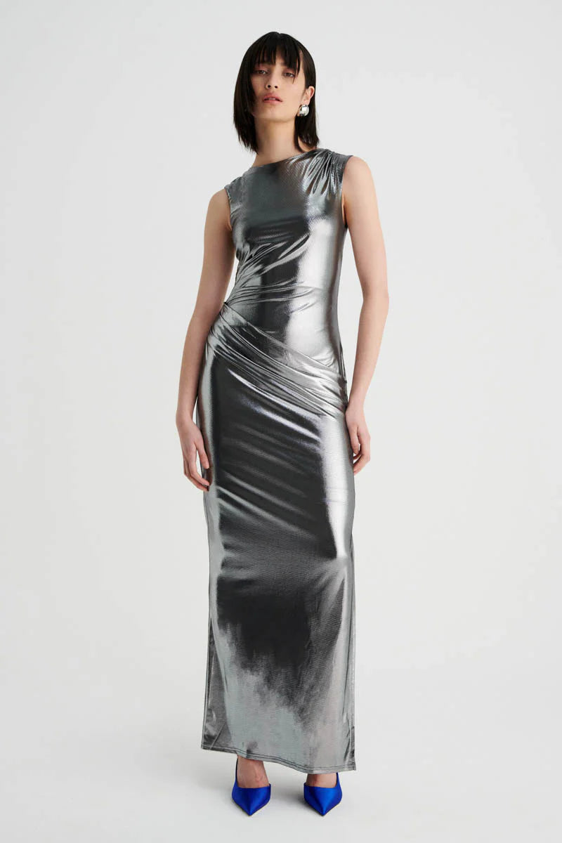 gun metal draped metallic maxi dress Suboo Nova Draped Maxi Dress - Gunmetal