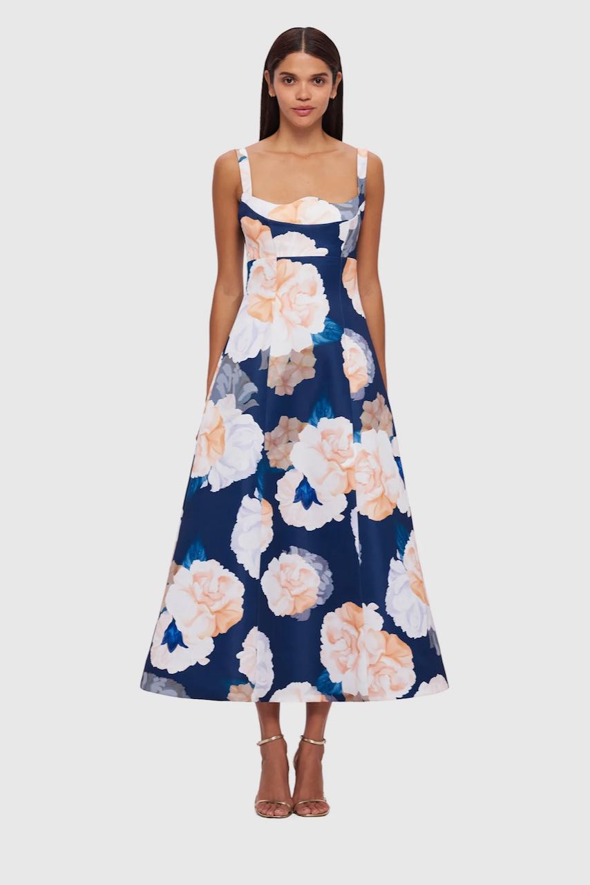 Leo Lin Odette Midi Dress - Rosebud Print in Navy - Dress Hire AU Leo Lin Odette Midi Dress - Rosebud Print in Navy - Dress Hire AU