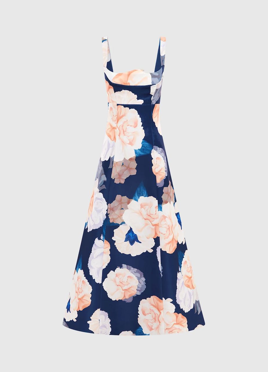 Leo Lin Odette Midi Dress - Rosebud Print in Navy - Dress Hire AU