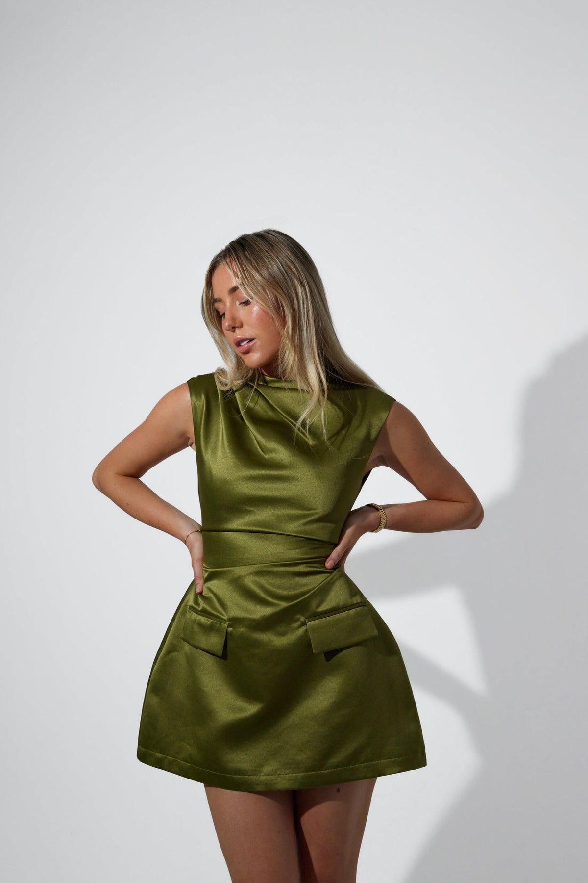 Odd Muse The Ultimate Satin Straight Neck Mini Dress - Olive - Dress Hire AU Odd Muse The Ultimate Satin Straight Neck Mini Dress - Olive - Dress Hire AU