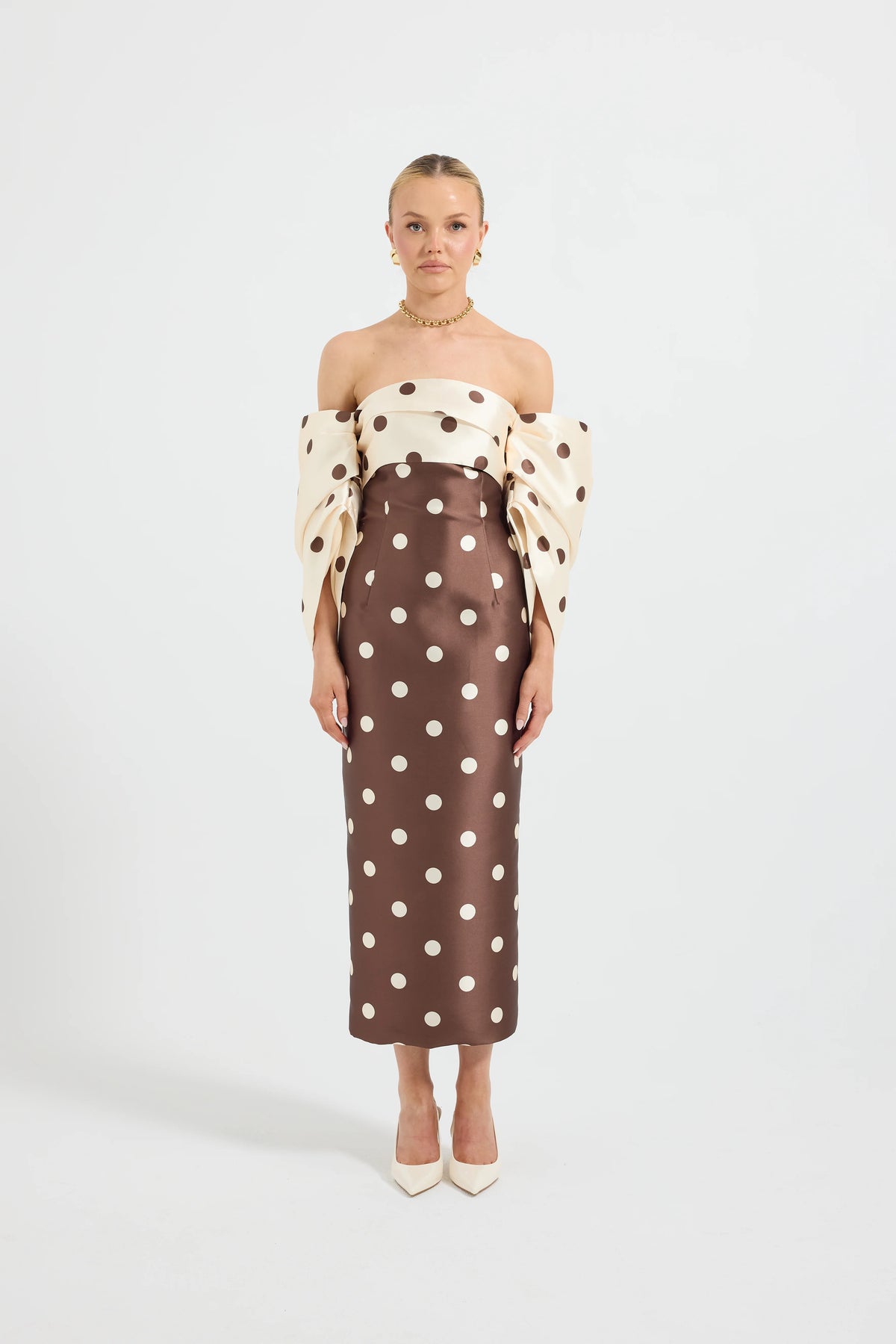 Pasduchas Dottie Contrast Shoulder Midi Dress - Choc/Cream Spot