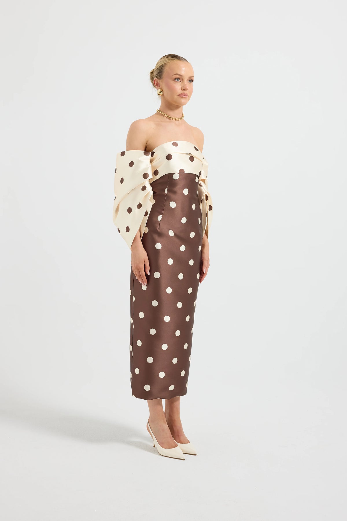 Pasduchas Dottie Contrast Shoulder Midi Dress - Choc/Cream Spot