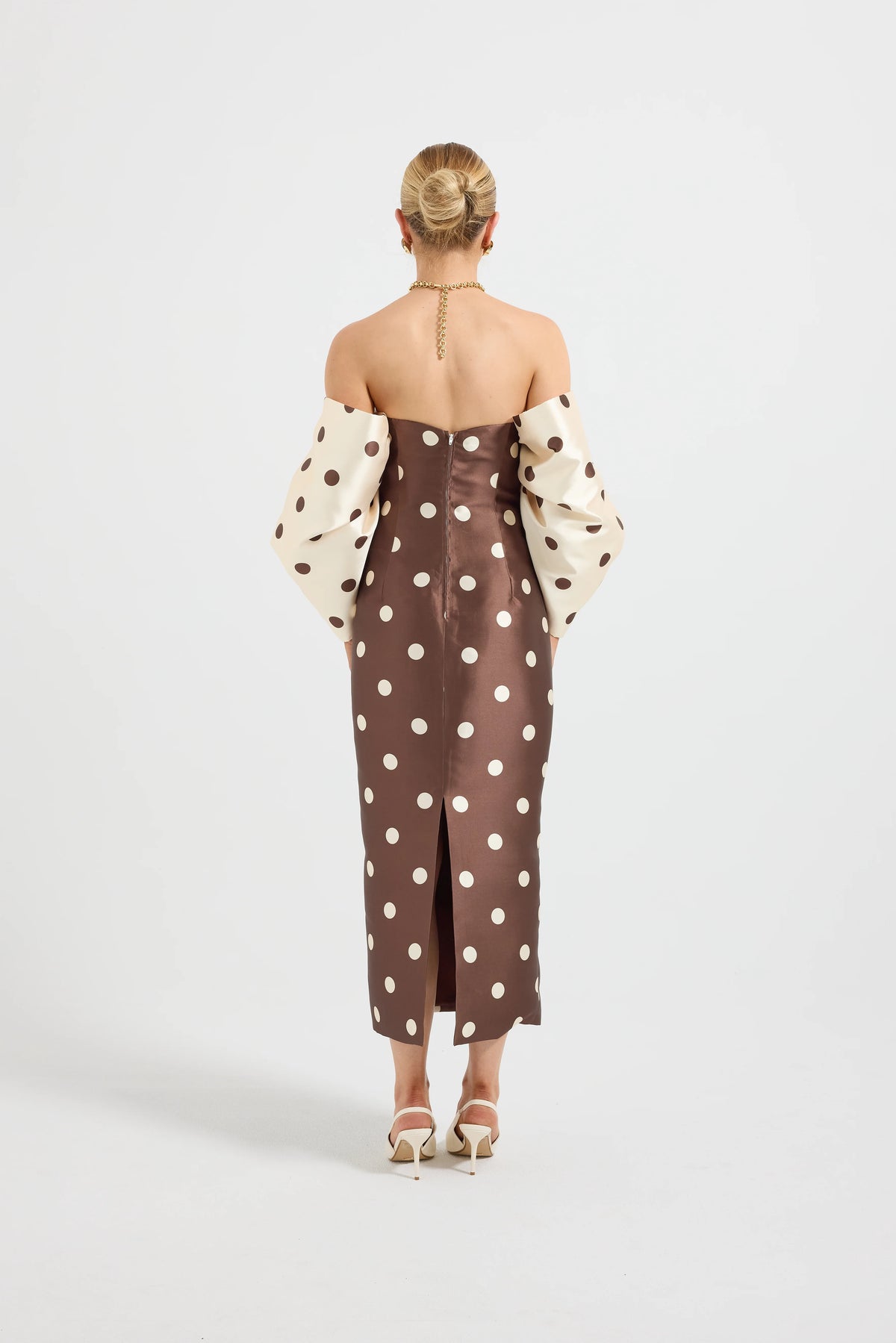Pasduchas Dottie Contrast Shoulder Midi Dress - Choc/Cream Spot