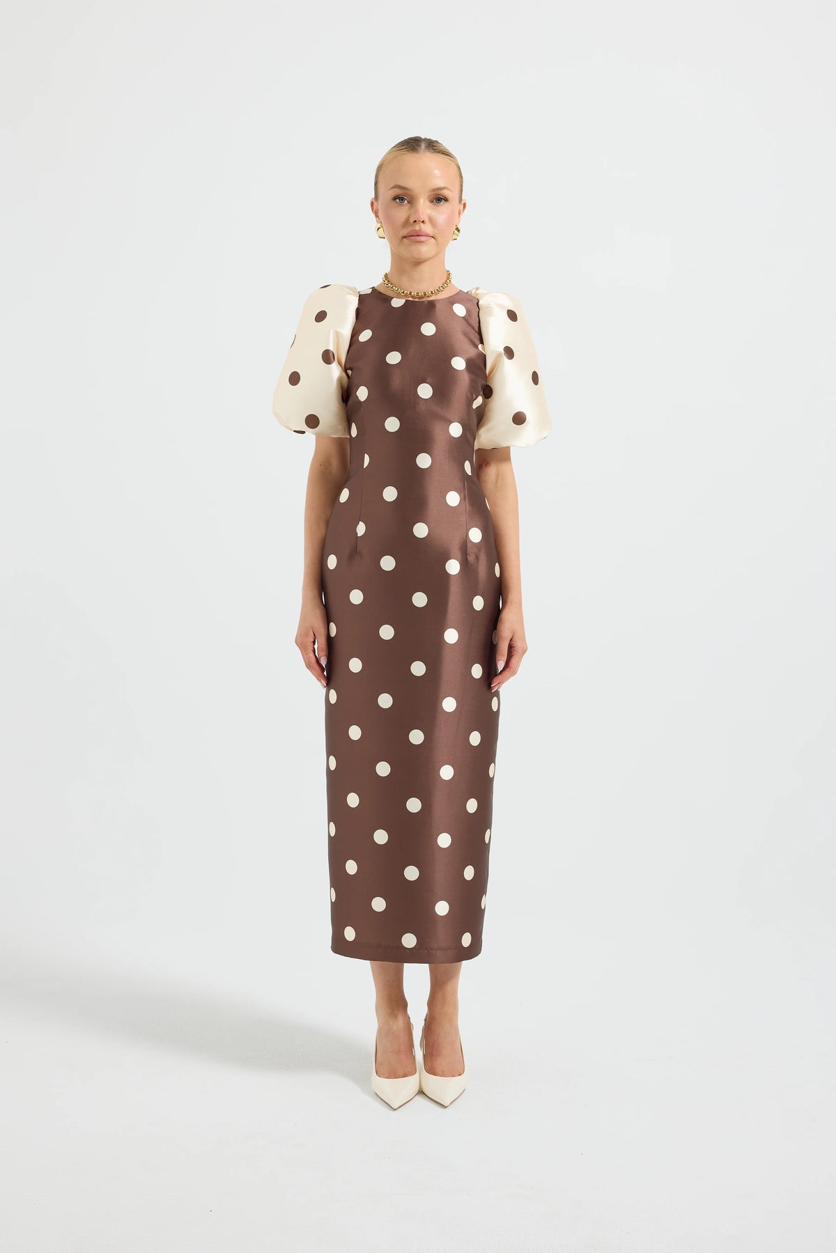 Pasduchas Contrast Sleeve Midi Dress - Choc/Cream Spot