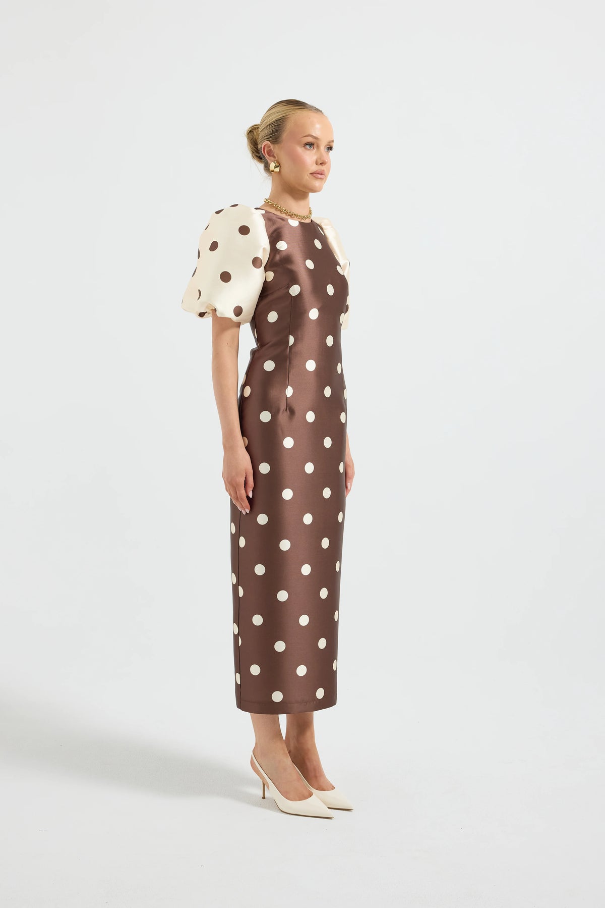 Pasduchas Contrast Sleeve Midi Dress - Choc/Cream Spot