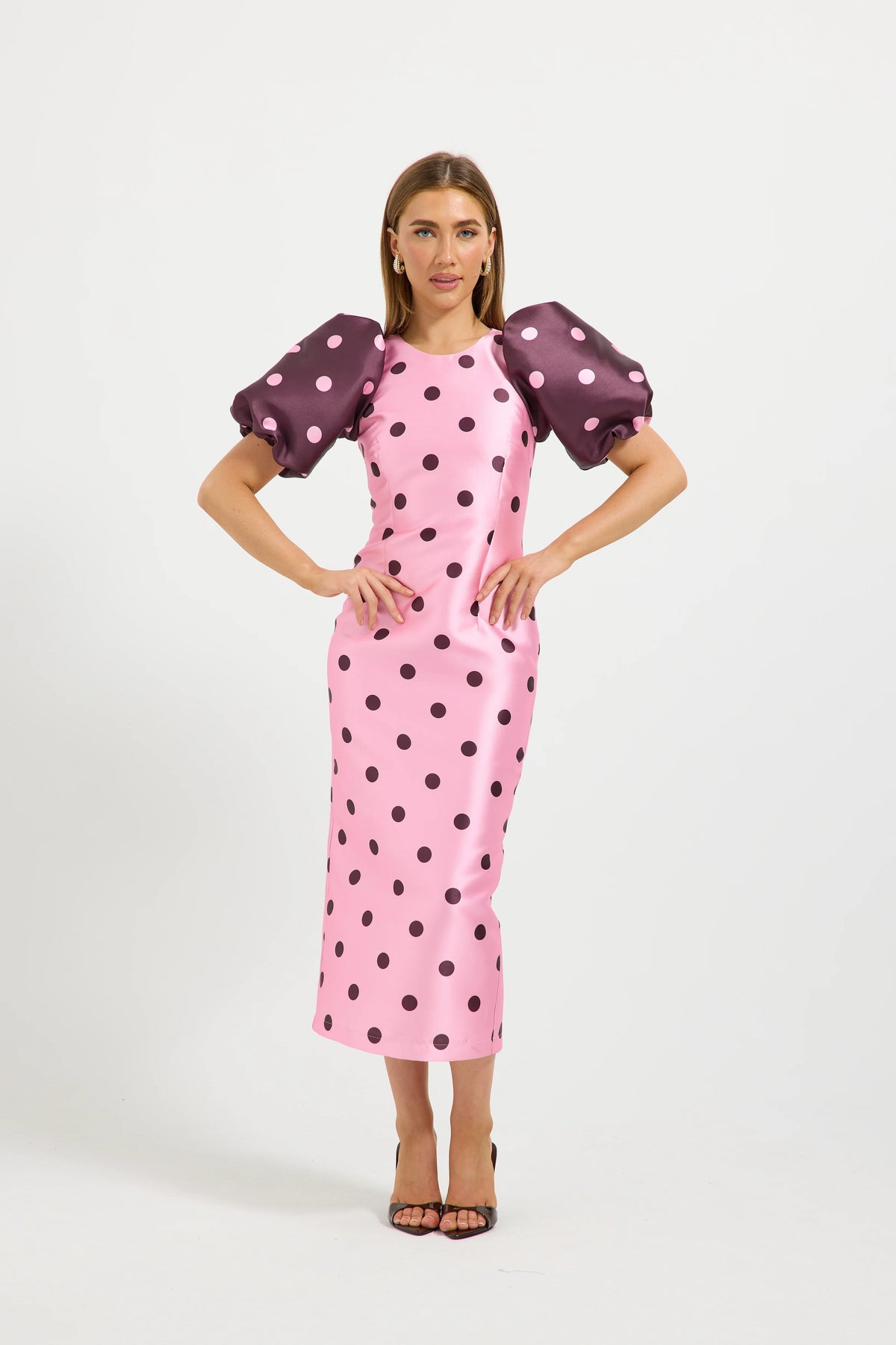 Pasduchas Dottie Contrast Sleeve Midi Dress - Pink/Cherry