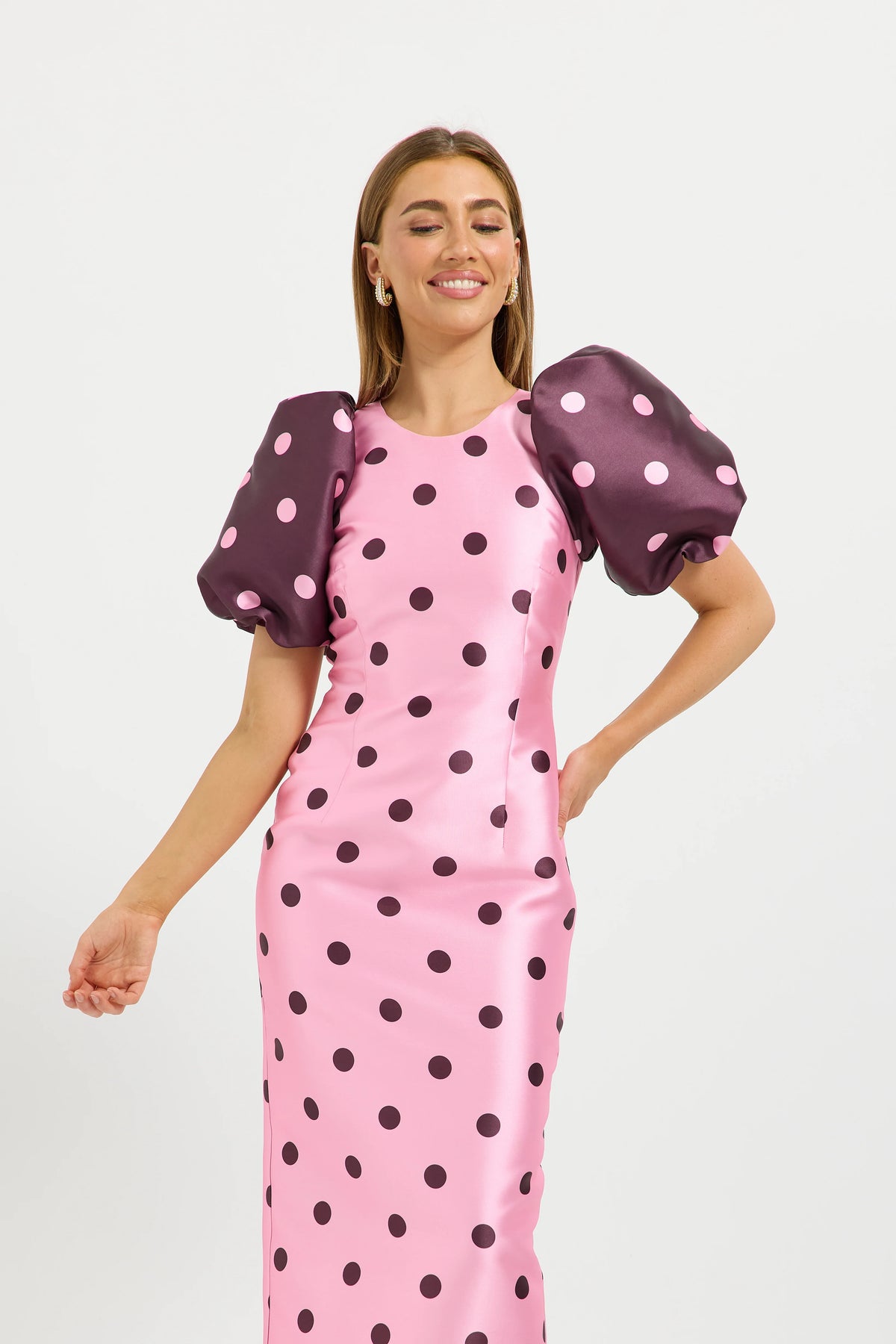 Pasduchas Dottie Contrast Sleeve Midi Dress - Pink/Cherry