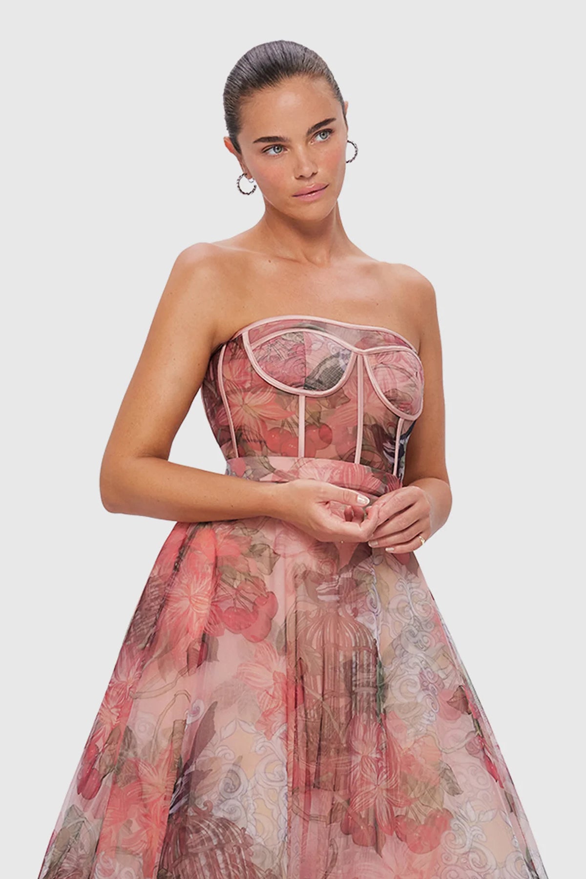 Leo Lin Rae Bustier Midi Dress - Azalea Print in Fortune - Dress Hire AU Leo Lin Rae Bustier Midi Dress - Azalea Print in Fortune - Dress Hire AU