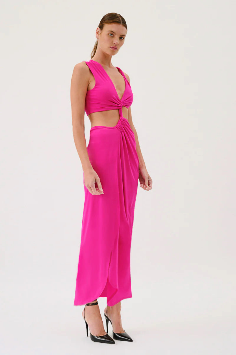 Suboo Garnet Sleeveless Rouched Cross Over Midi Dress - Hyper Pink