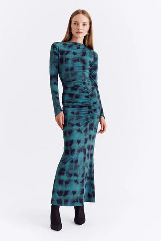 Suboo Shibori Long Sleeve Rouched Dress - Green Print