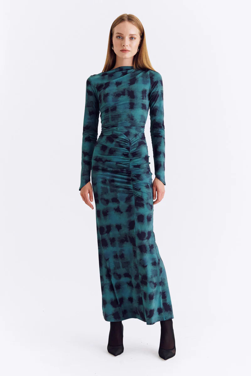 suboo shibori ruched dress Shibori Maxi Dress Long Sleeve Ruched Occasion Dress Blue