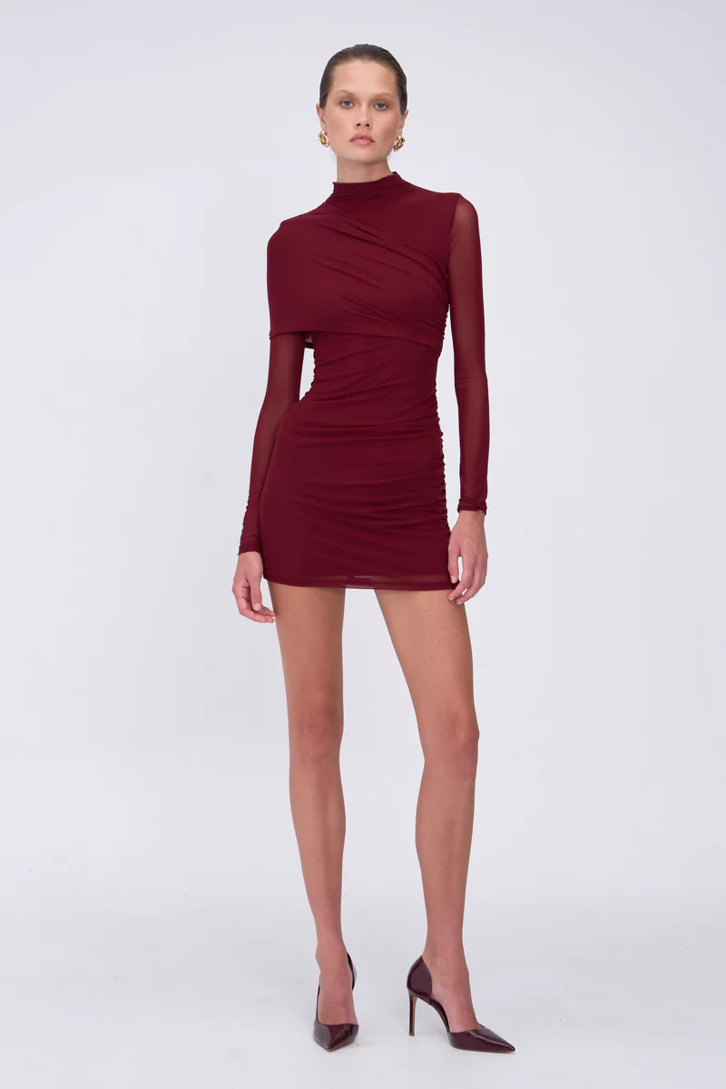 Suboo Christy Mesh Draped Long Sleeve Mini Dress - Bordeaux