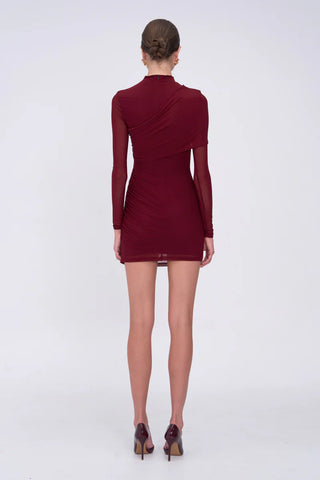 Suboo Christy Mesh Draped Long Sleeve Mini Dress - Bordeaux