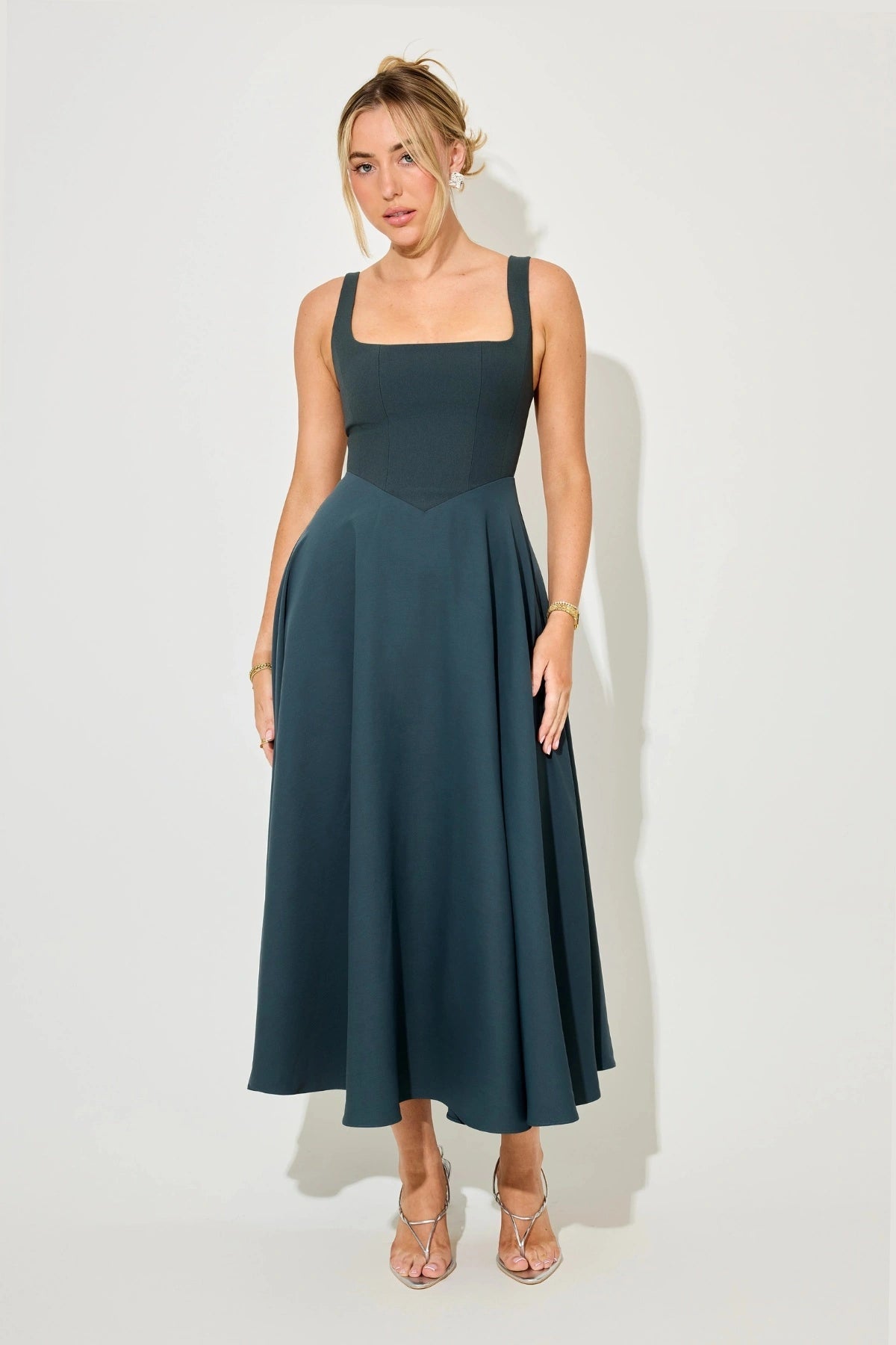 Odd Muse The Ultimate Muse High Waisted Square Neck Midi Dress - Teal