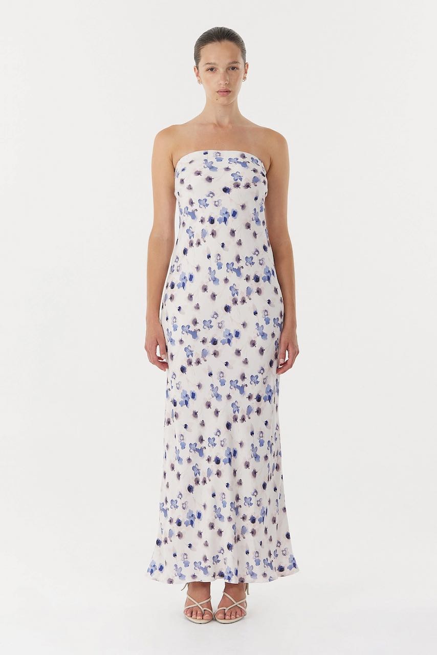 Third Form Blue Bias Strapless Dress - Floral