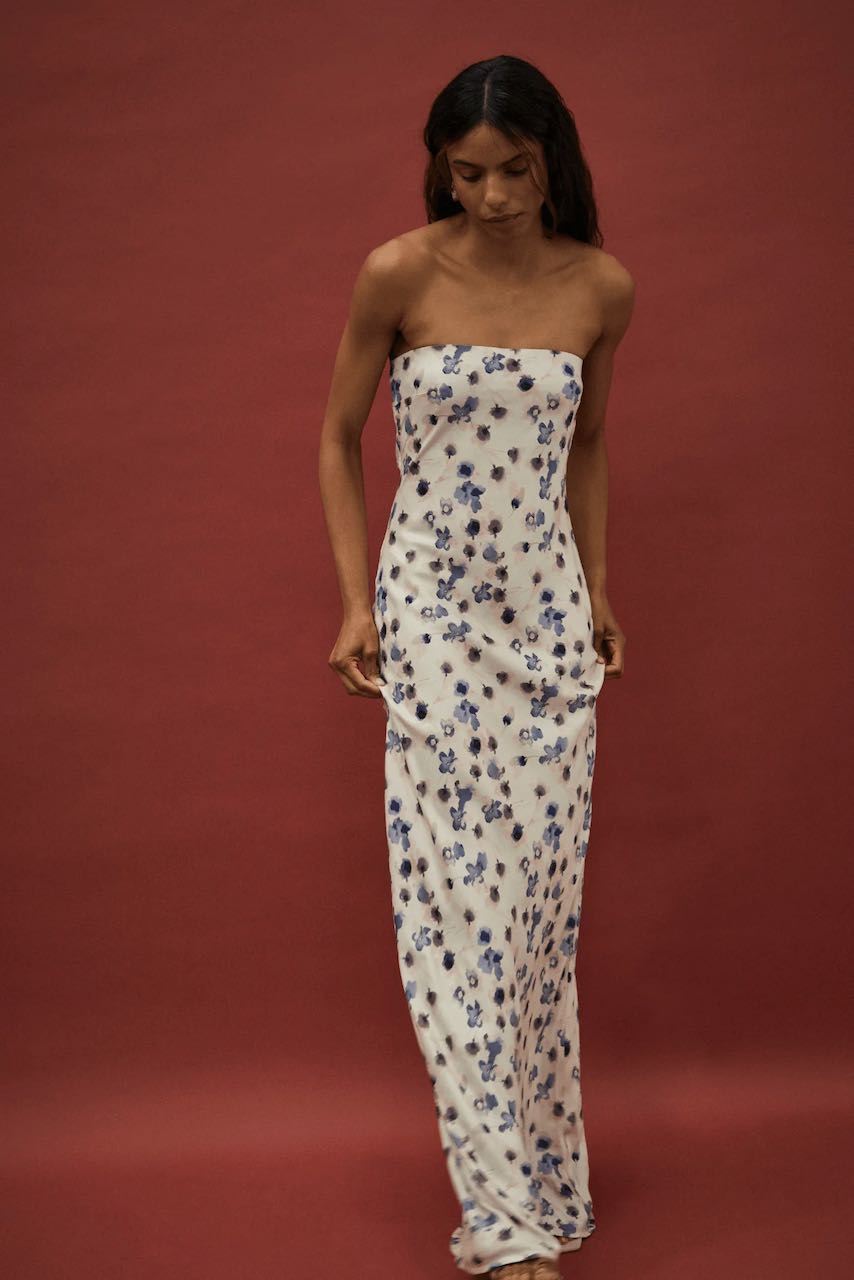 Third Form Blue Bias Strapless Dress - Floral