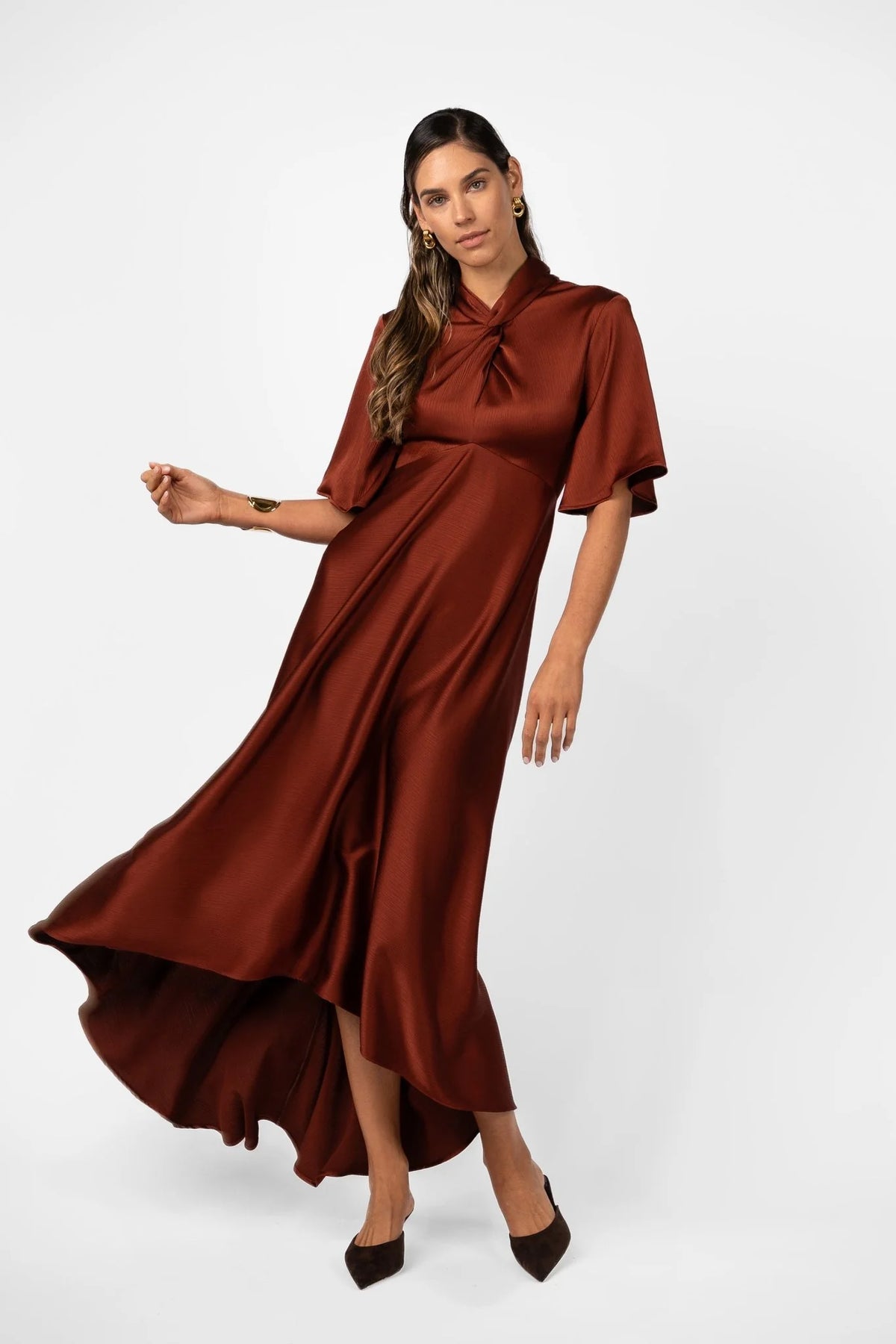 One Fell Swoop Clarion Bell Sleeve Maxi - Terra Rosa Satin