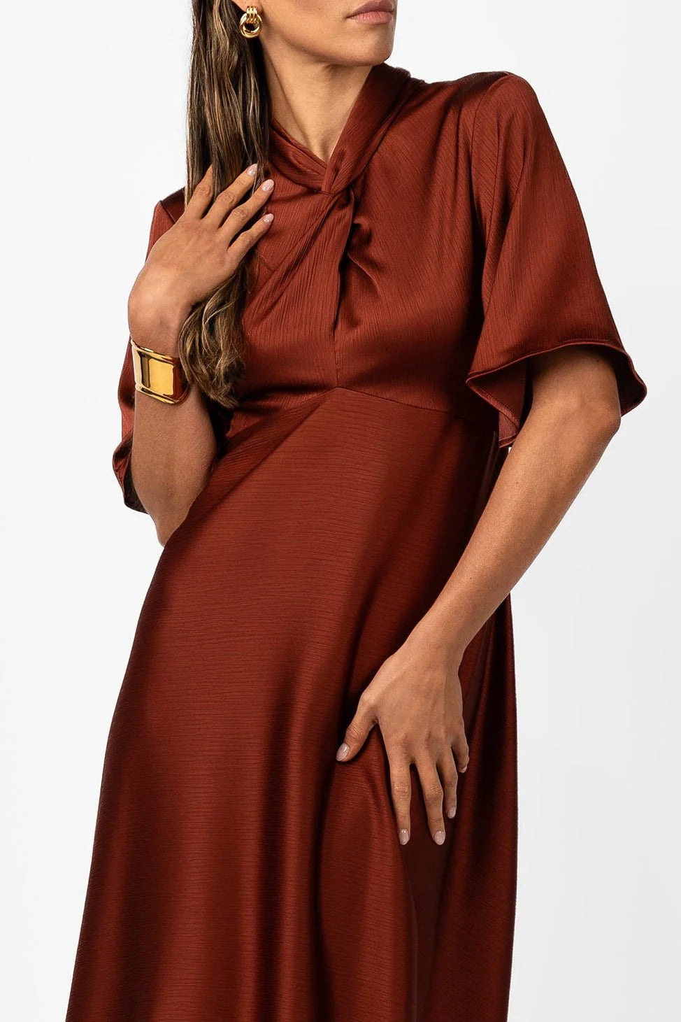 One Fell Swoop Clarion Bell Sleeve Maxi - Terra Rosa Satin