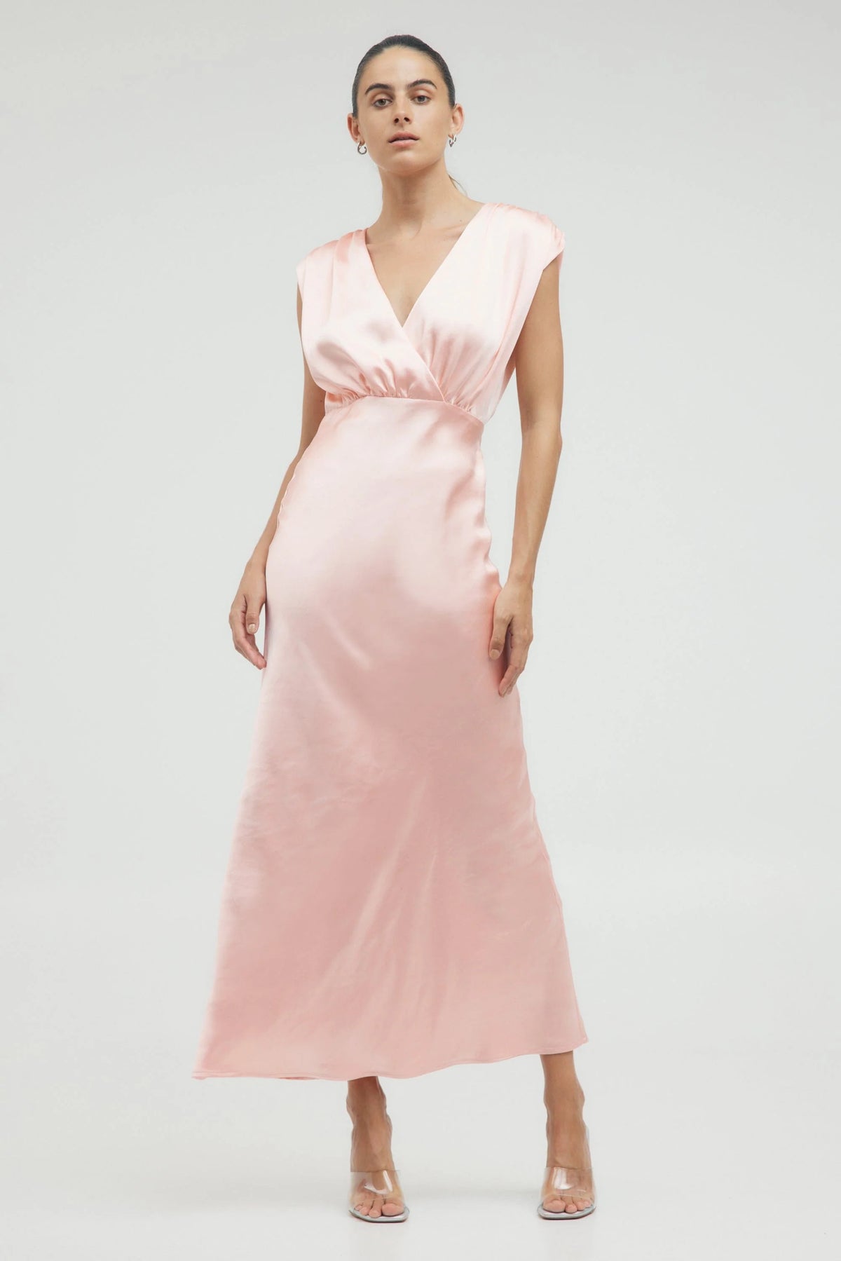 Third Form Satin Cross Over Gather Dress - Fairy Floss - Dress Hire AU Third Form Satin Cross Over Gather Dress - Fairy Floss - Dress Hire AU