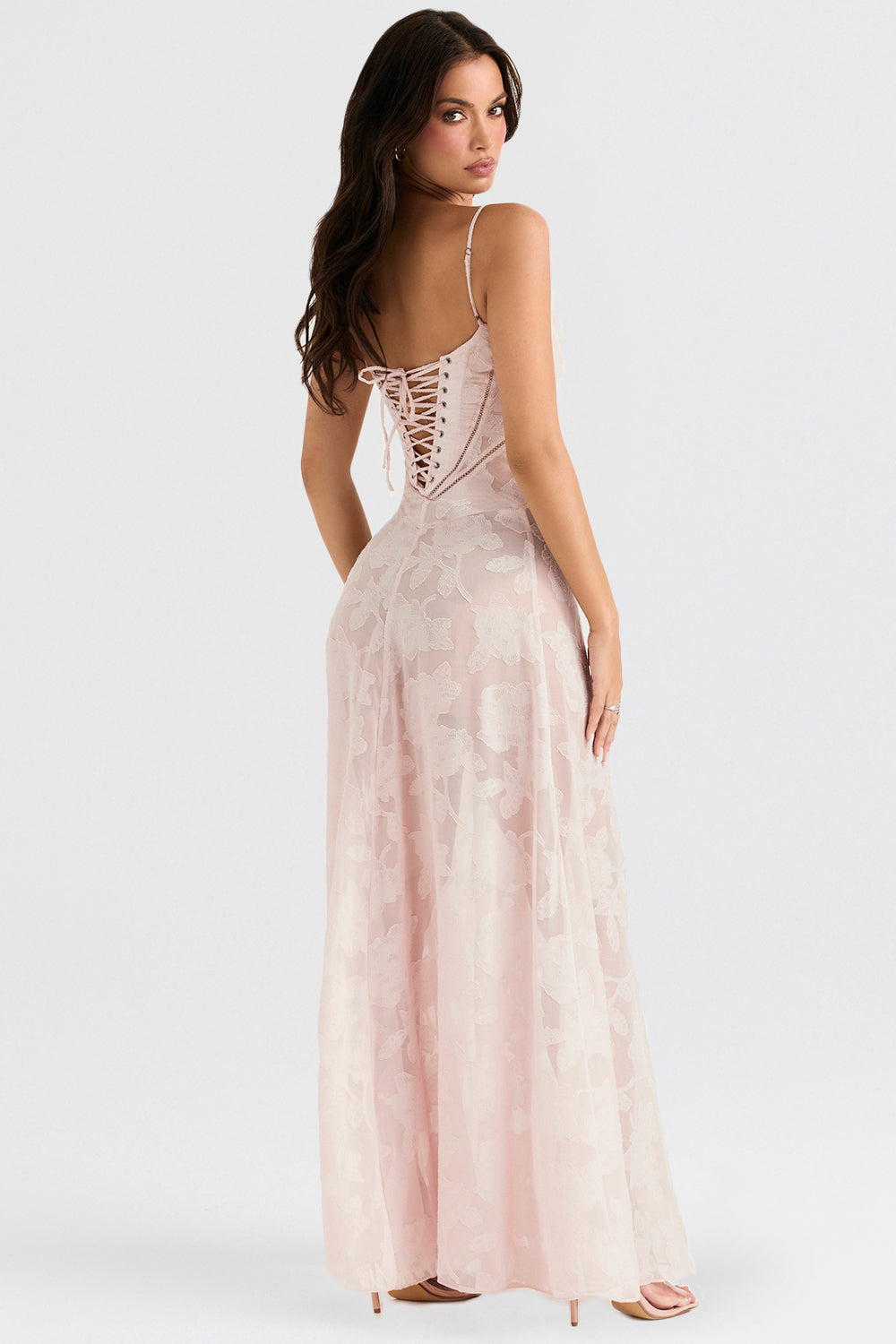 strapless open back dress House of CB Seren Floral Lace Back Maxi Dress