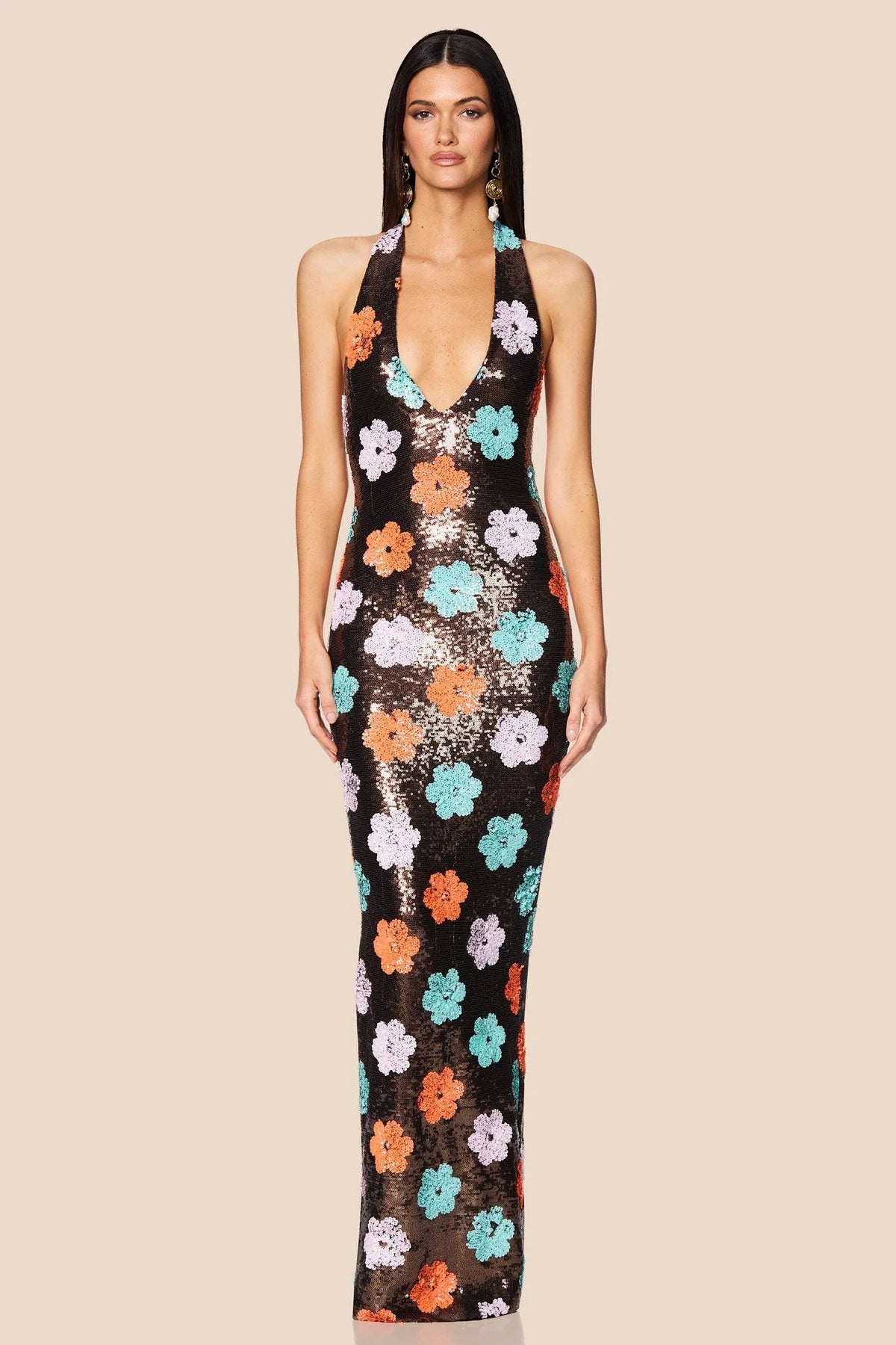 Nookie Sienna Halter Gown - Floral Sequin - Dress Hire AU Nookie Sienna Halter Gown - Floral Sequin - Dress Hire AU