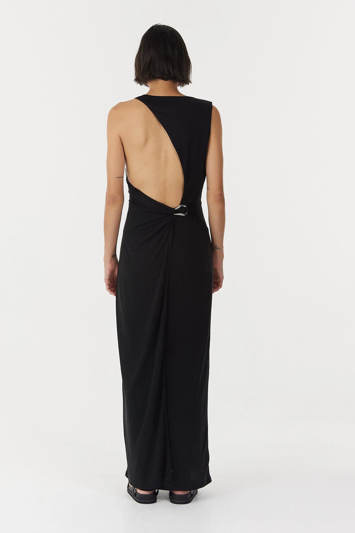 knee length dresses for ladies Dazzling One Shoulder Maxi Dress In Black Lurex – St Frock main image 1