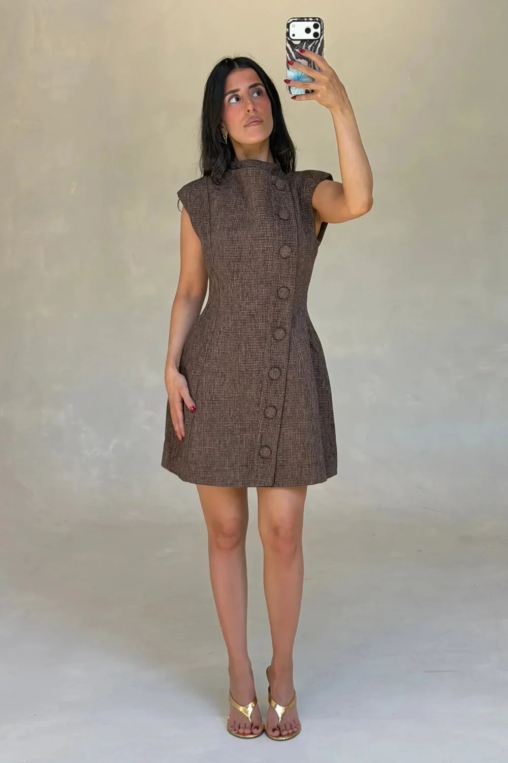 Odd Muse Tweed Button Detail Mini Dress - Dark Brown