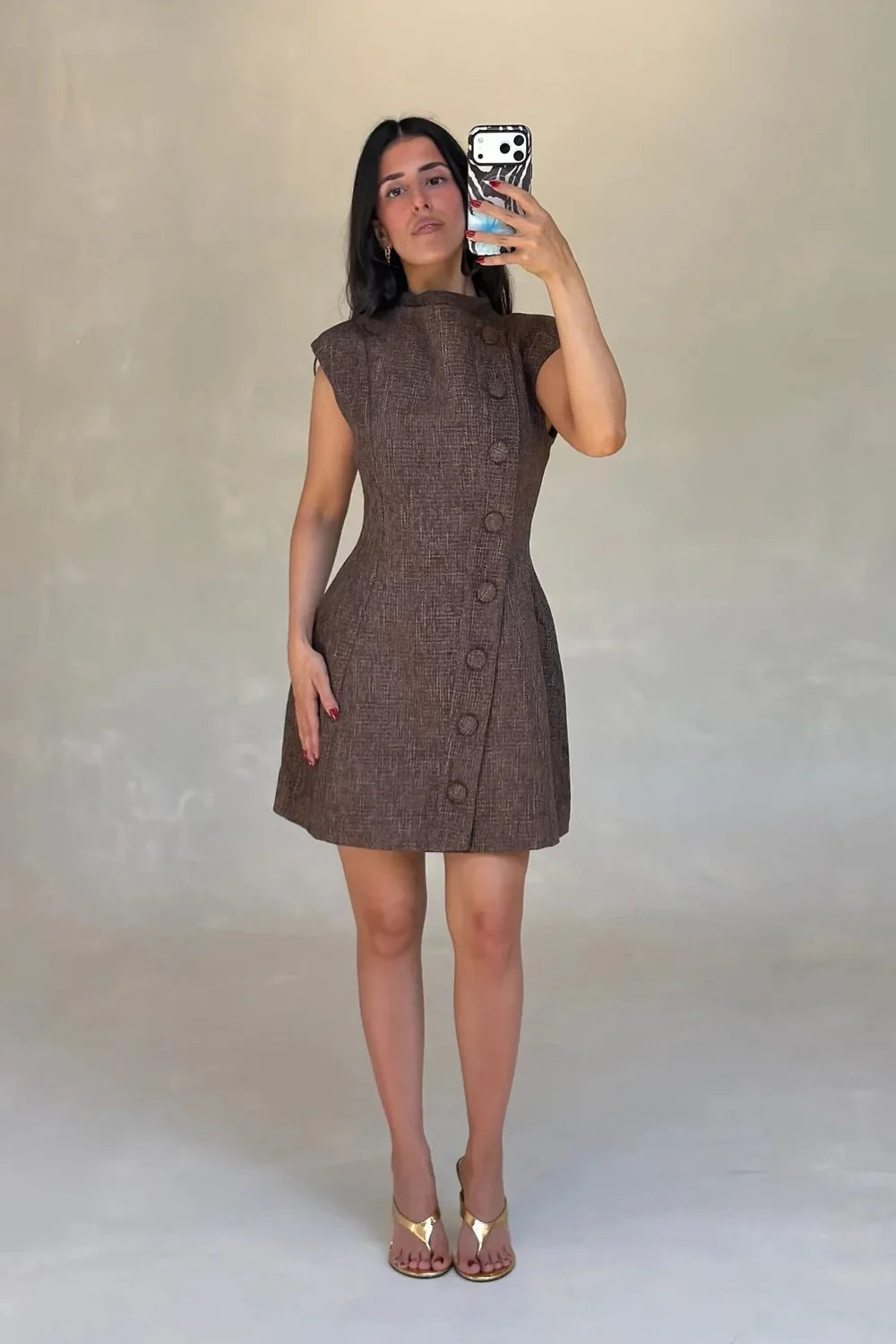Odd Muse Tweed Button Detail Mini Dress - Dark Brown