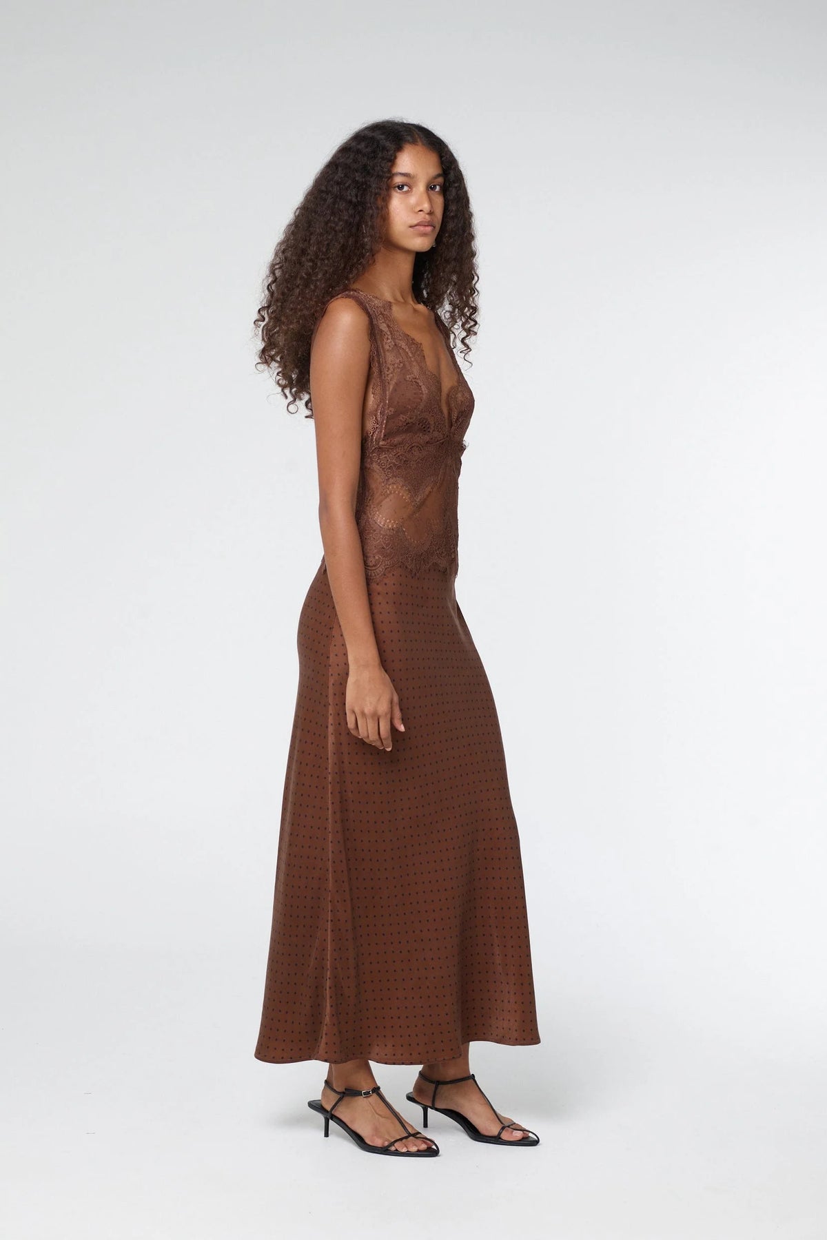 Third Form Visions Lace Deep V Neck Maxi Dress - Chocolate Polka Dot - Dress Hire AU Third Form Visions Lace Deep V Neck Maxi Dress - Chocolate Polka Dot - Dress Hire AU