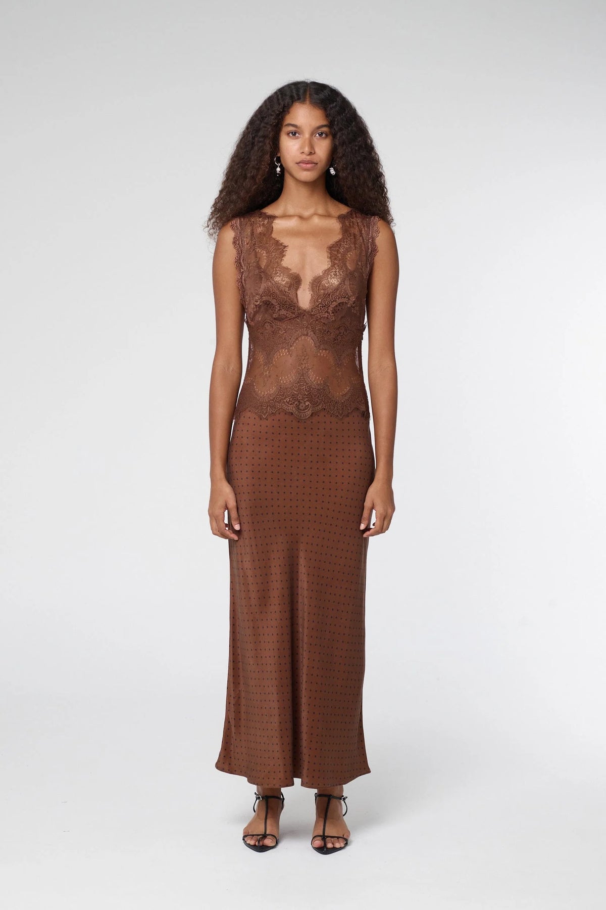 Third Form Visions Lace Deep V Neck Maxi Dress - Chocolate Polka