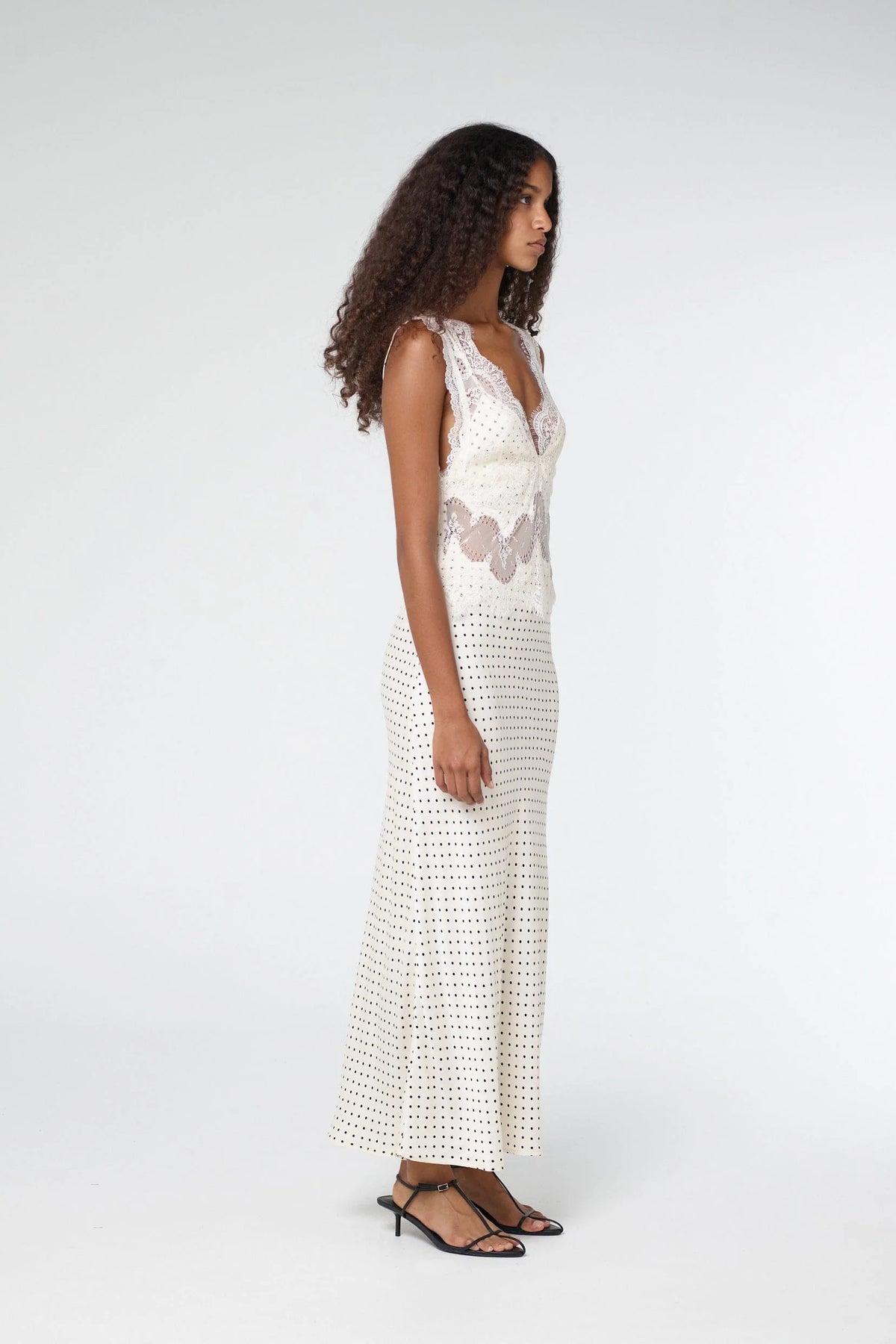 Third Form Visions Lace Deep V Neck Maxi Dress - Cream Polka Dot