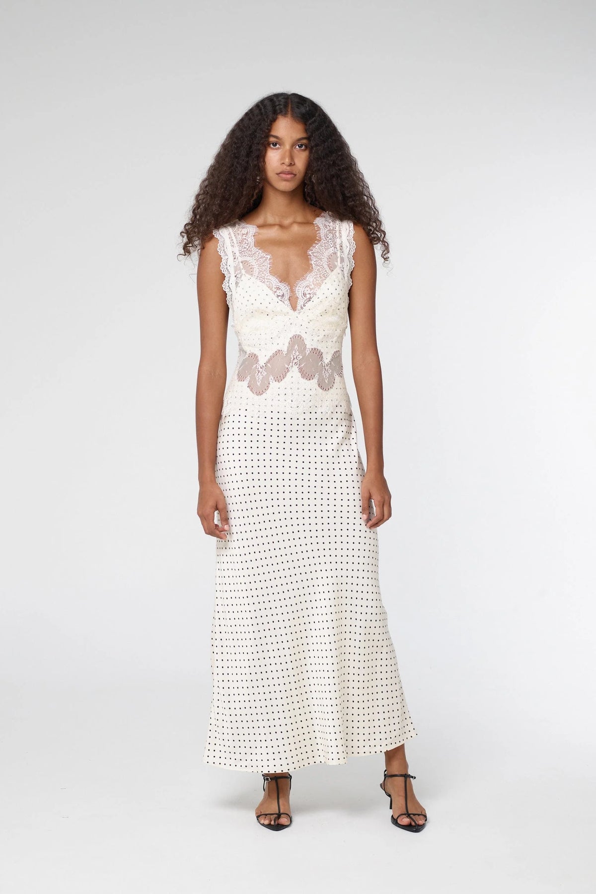 Third Form Visions Lace Deep V Neck Maxi Dress - Cream Polka Dot