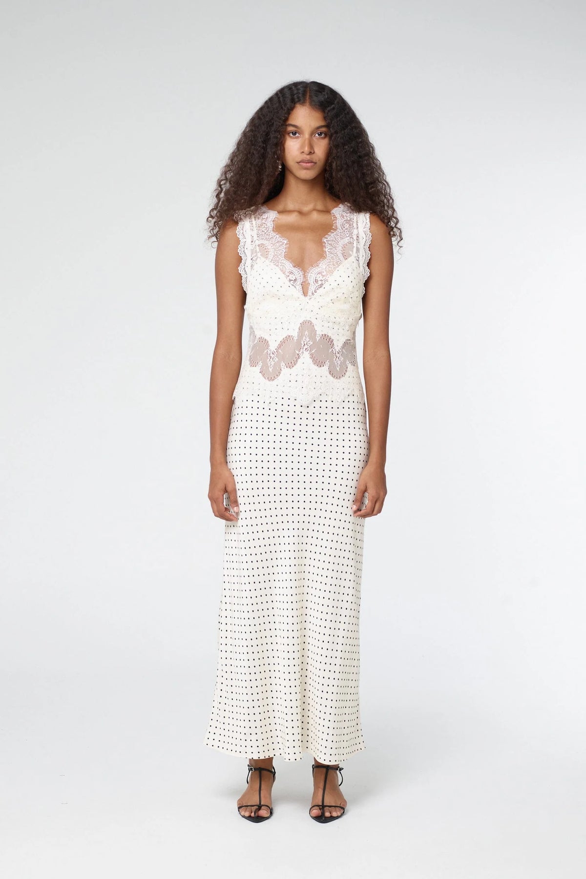 Third Form Visions Lace Deep V Neck Maxi Dress - Cream Polka Dot