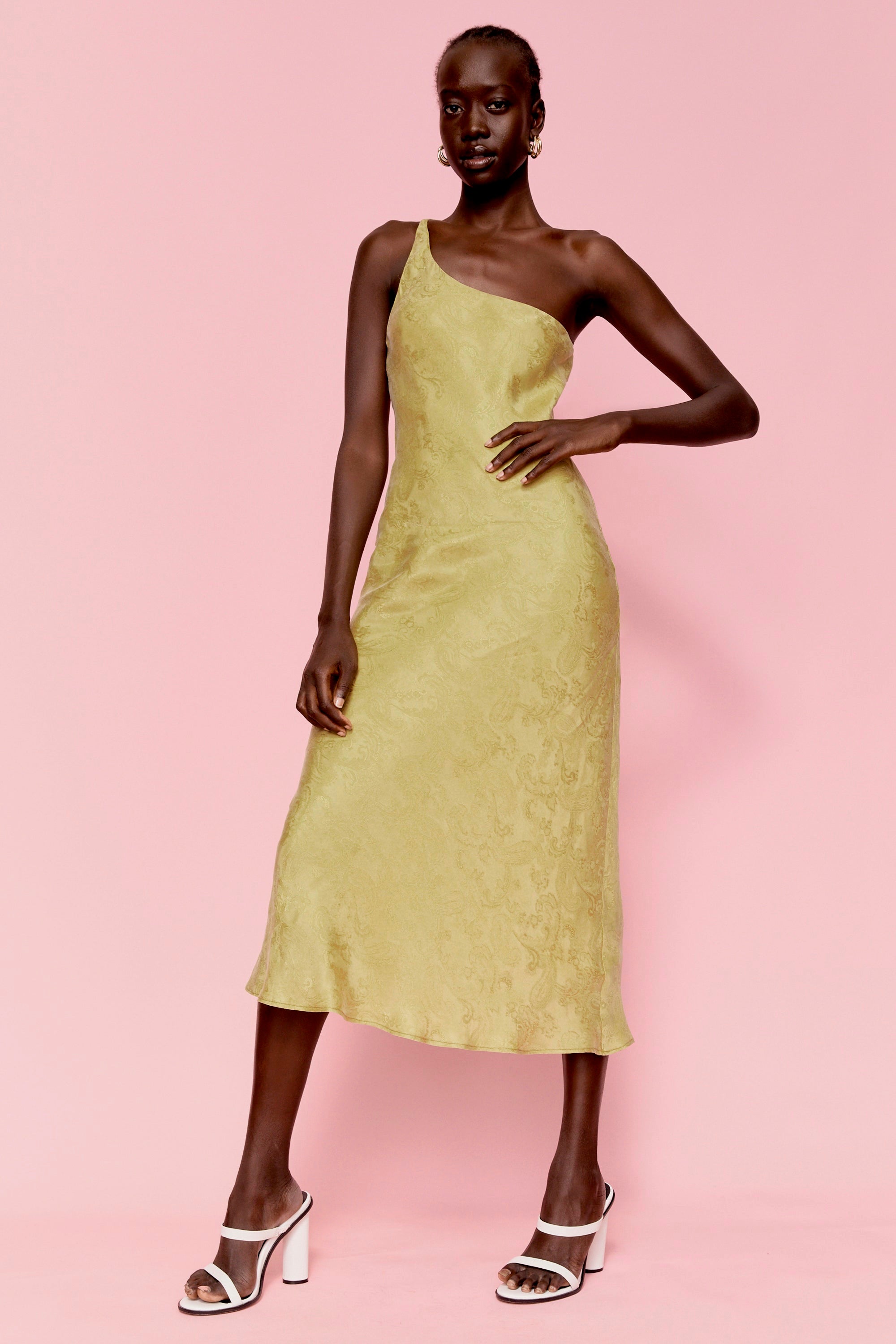 Yellow one shoulder midi dress on sale