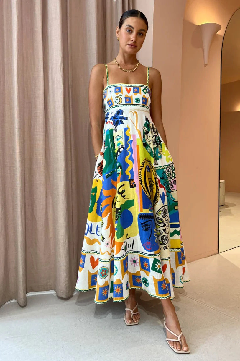 Al mais Soleil Sundress Dress Ivory Multi Dress Hire AU