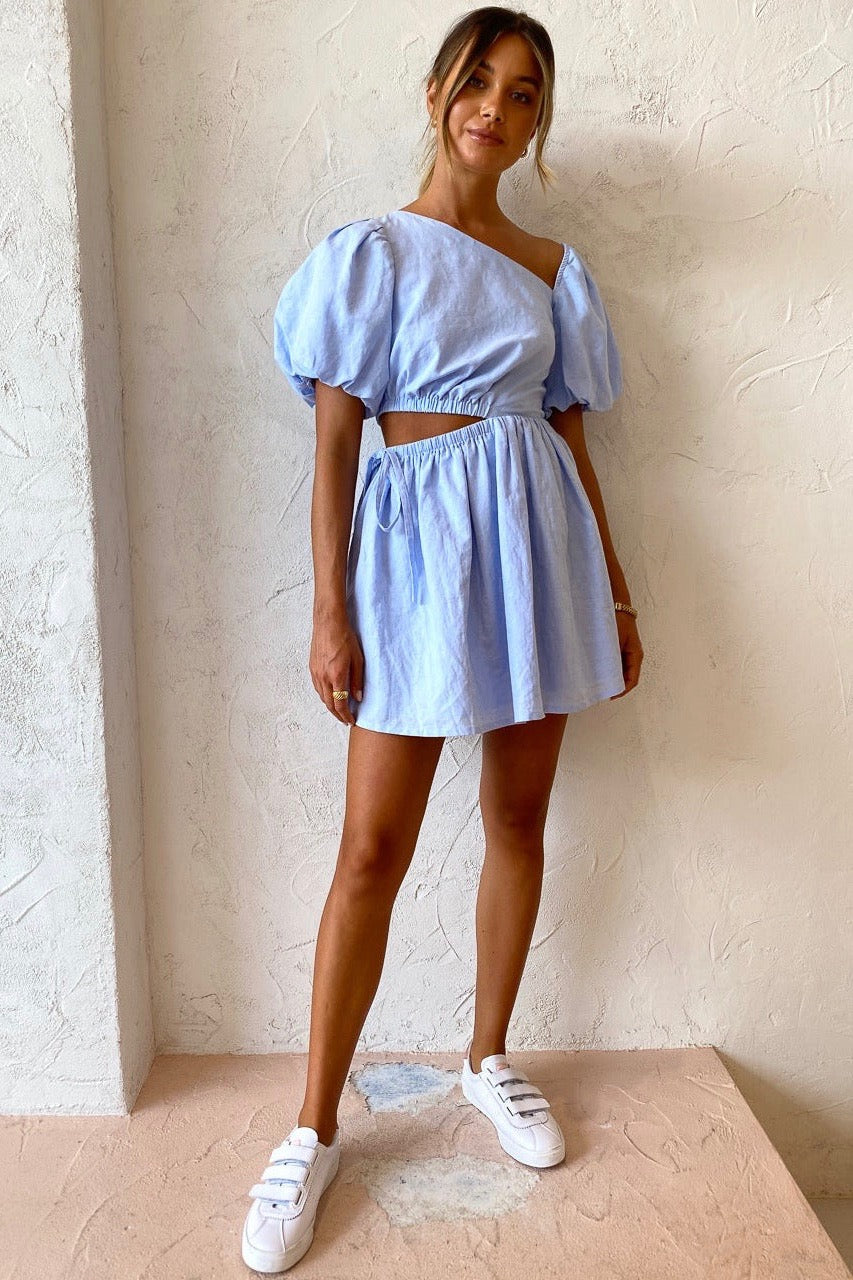 By Nicola Gabriella Asymmetrical Mini Dress Sky Dress Hire AU