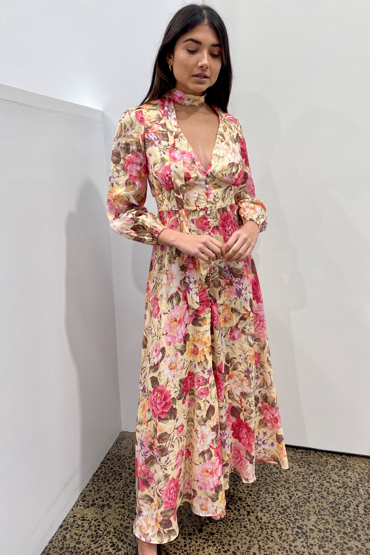 Heathers plunge deals long dress