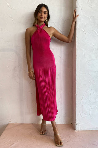 L'idée Soirée Pleated Halter Dress - Cherry